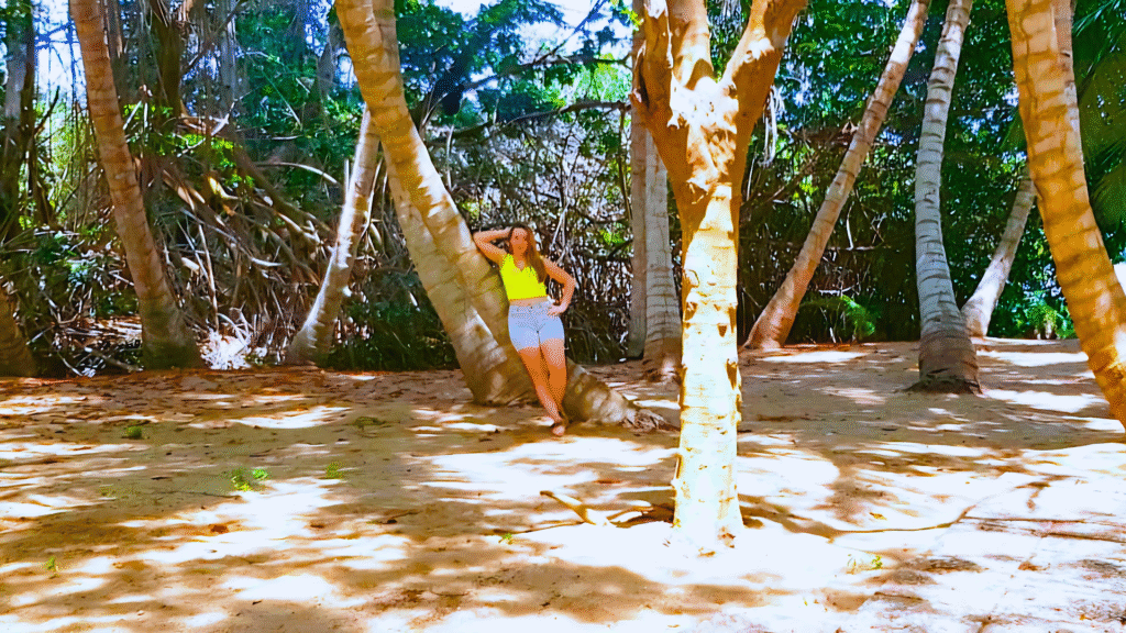 Woman standing among mangrove trees and sandy forest floor, surrounded by tropical nature.
