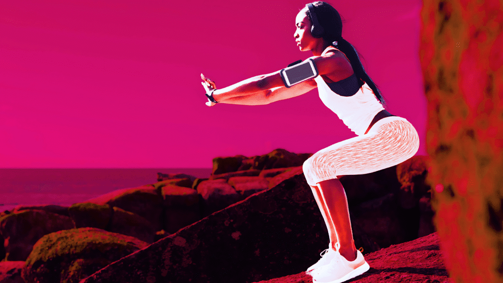 Woman performing a resistance band squat workout outdoors against a vibrant pink sky.