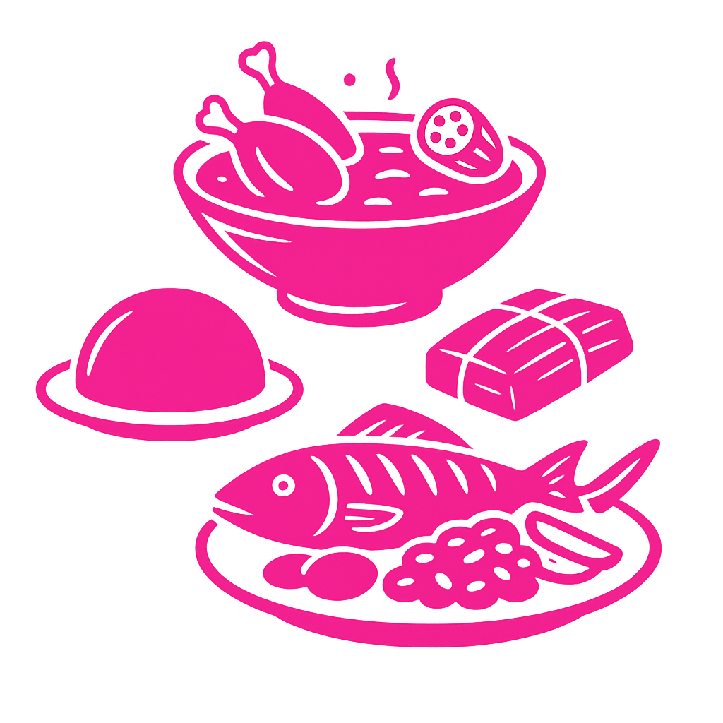 Vector icons of traditional Angolan dishes in neon pink, including moamba de galinha, funge, grilled fish with sides, and chikuanga on a transparent background