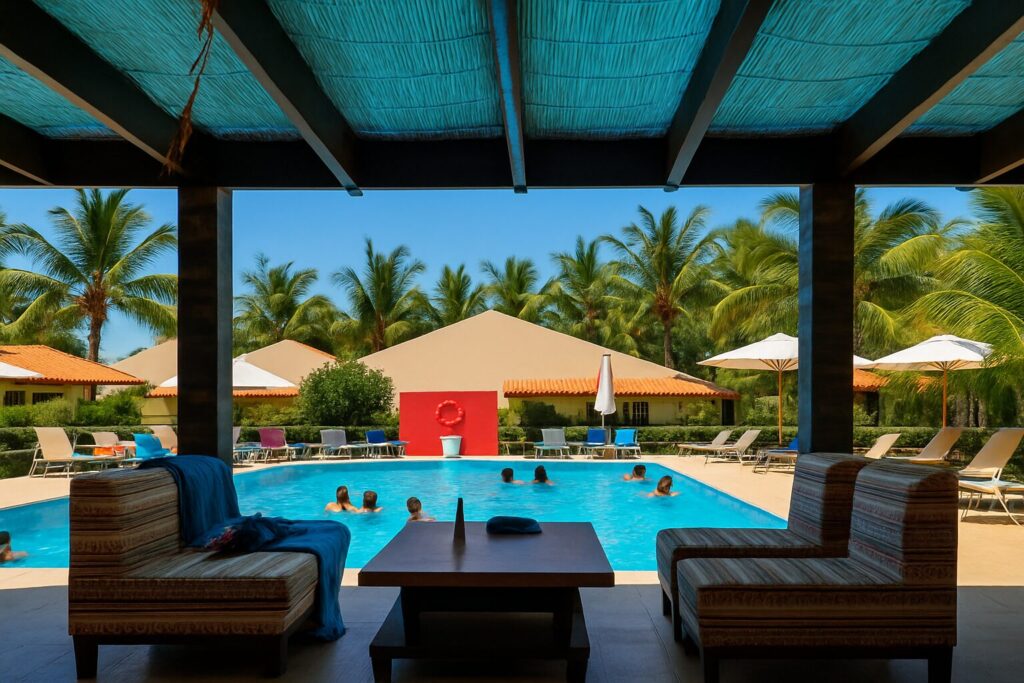 View of the main pool at Resort Madeirense in Luanda, surrounded by tropical palm trees, sun loungers and shaded areas, creating a perfect setting for relaxation and family holidays.