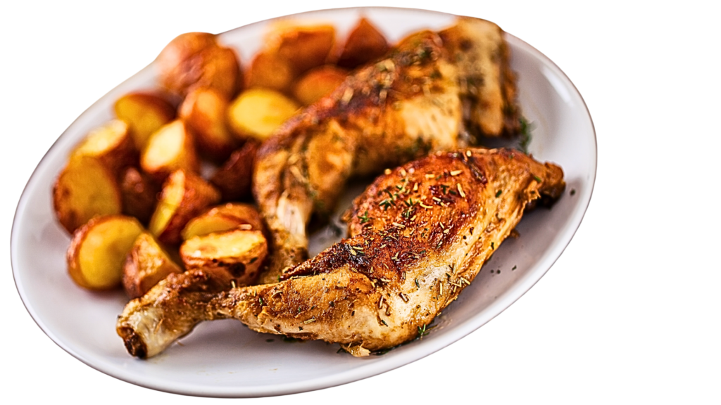 Portuguese-style roast chicken seasoned with herbs, served with crispy golden potatoes on a white plate.