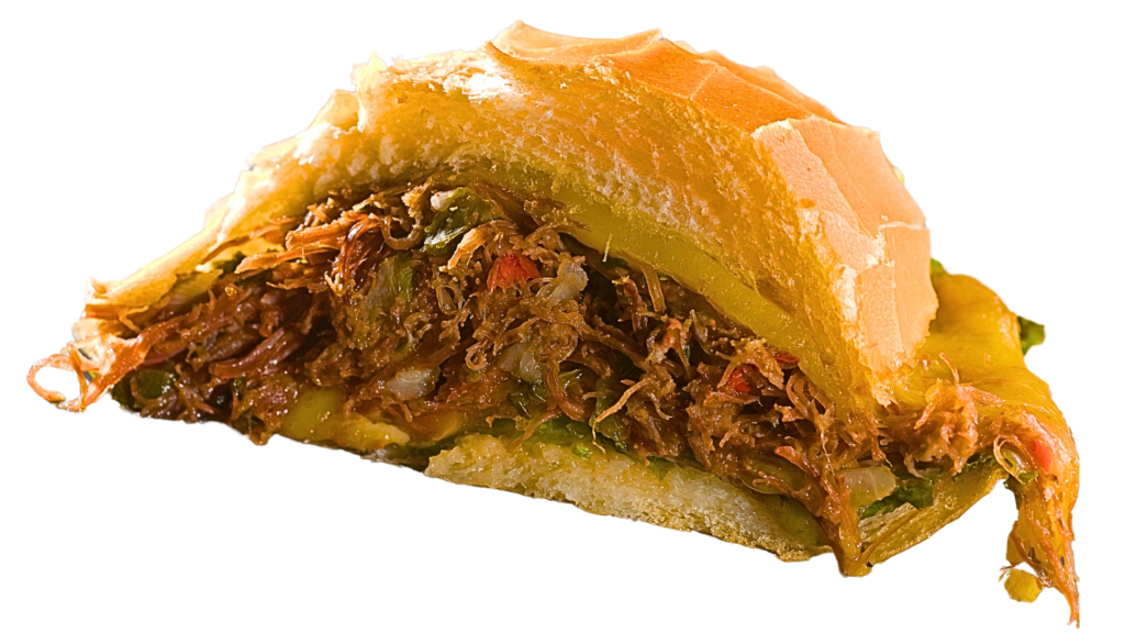 Close-up of a savory shredded beef sandwich with melted cheese, onions, and bell peppers, served in a crusty golden bread roll, isolated on a white background