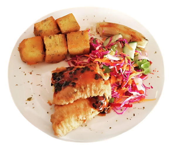 Madeiran traditional dish with fried fish, banana and fresh salad, on a transparent background.