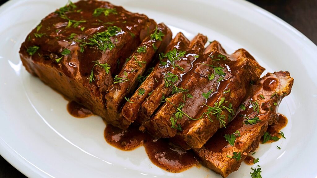 Slices of tender roasted meat topped with rich gravy and sprinkled with fresh parsley, served on a white ceramic plate.